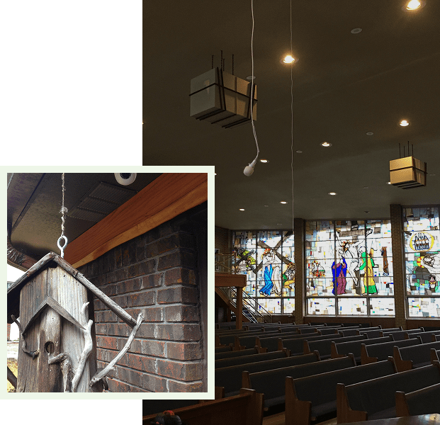 Church interior with stained glass windows