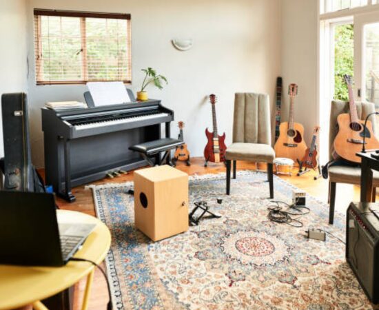 Music room with instruments and piano