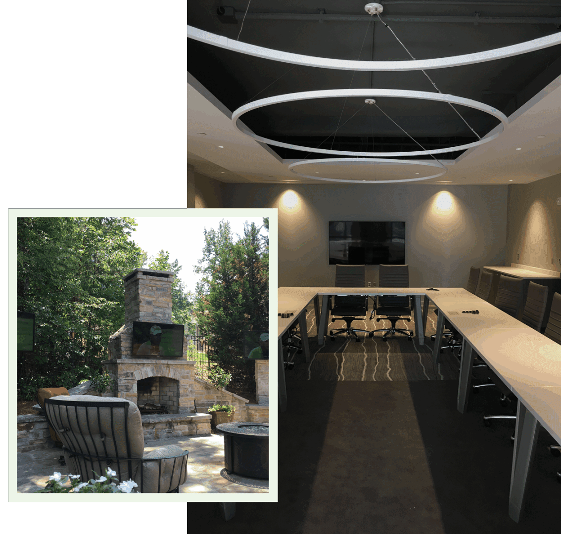 Outdoor patio with stone fireplace