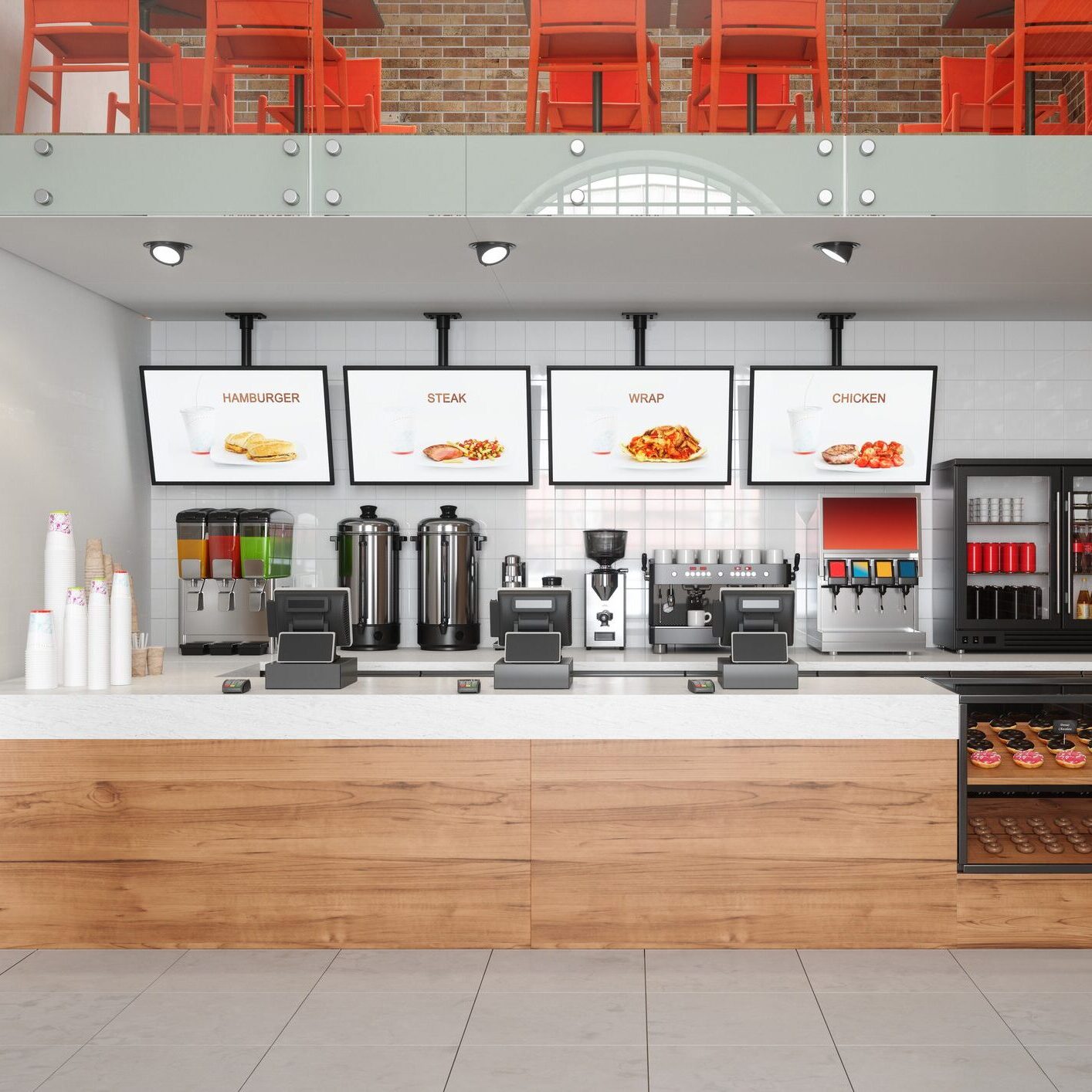 Fast Food Restaurant. Front View Of Counter With Sweet Buns And Doughnuts